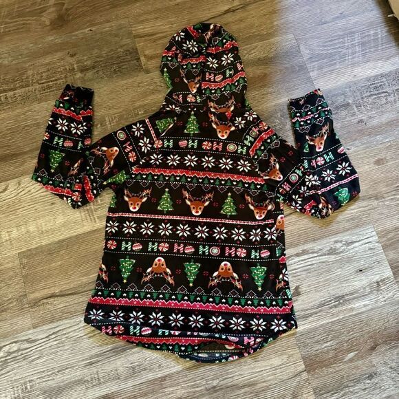 No Boundaries Black Fleece Multicolored Christmas Reindeer Print Hoodie Size Med - Picture 4 of 6